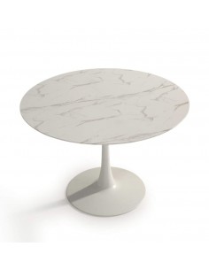 MESA REDONDA ADA 110, cristal símil mármol y metal BLANCO