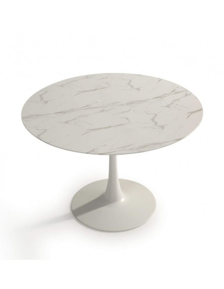 MESA REDONDA ADA 110, cristal simulando mármore e metal BRANCO