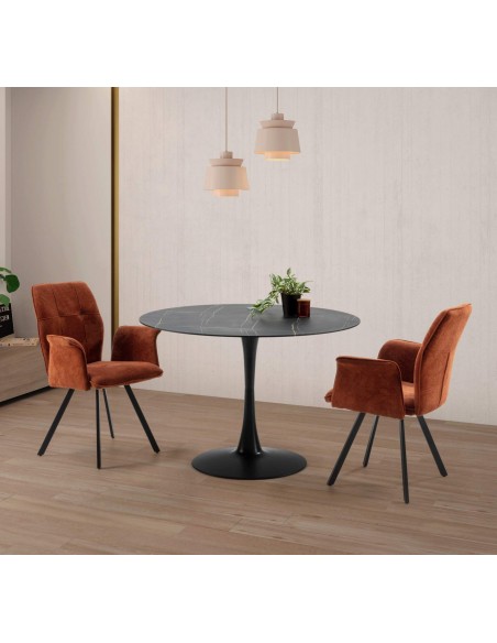 MESA REDONDA ADA 110, cristal símil mármol y metal NEGRO