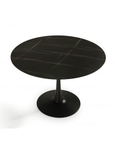 MESA REDONDA ADA 110, cristal símil mármol y metal NEGRO
