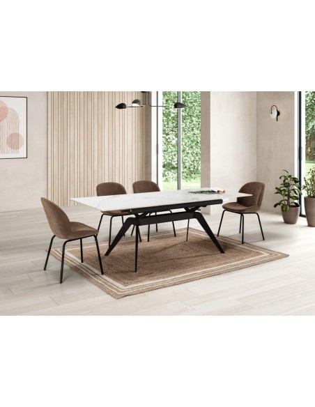 MESA EXTENSÍVEL LULA 160/220 X 90 CM, tampo CERÂMICO BRANCO e pés em metal PRETO