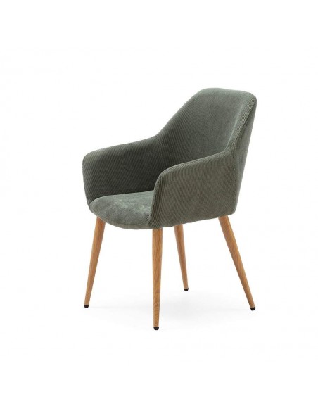 Cadeira DUNE com braços, tecido de veludo cotelê e pernas de metal.