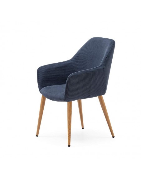 Cadeira DUNE com braços, tecido de veludo cotelê e pernas de metal.