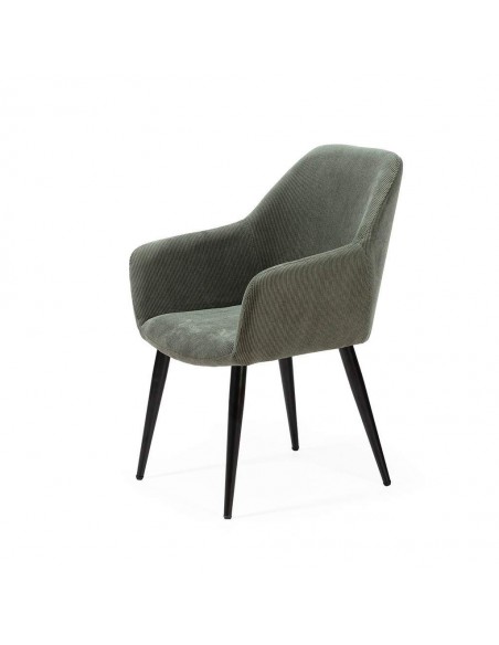 Cadeira DUNE com braços, tecido de veludo cotelê e pernas de metal preto.