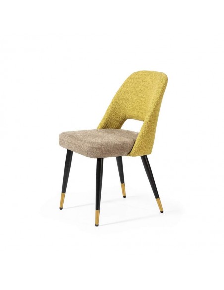 Silla de comedor en tejido combinado MOCCIA, patas metálicas en negro y dorado.