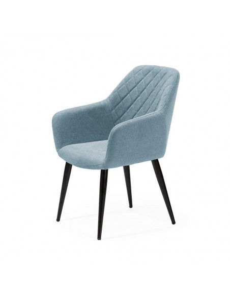 Cadeira de jantar NINA com braços, tecido e pernas de metal preto.