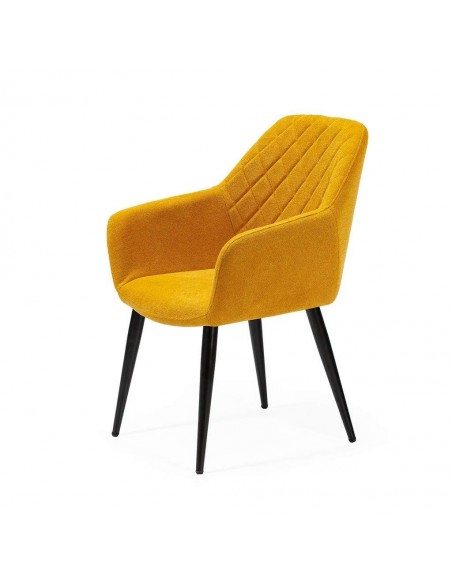 Cadeira de jantar NINA com braços, tecido e pernas de metal preto.