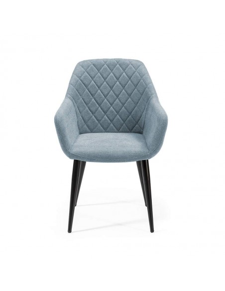 Cadeira de jantar NINA com braços, tecido e pernas de metal preto.