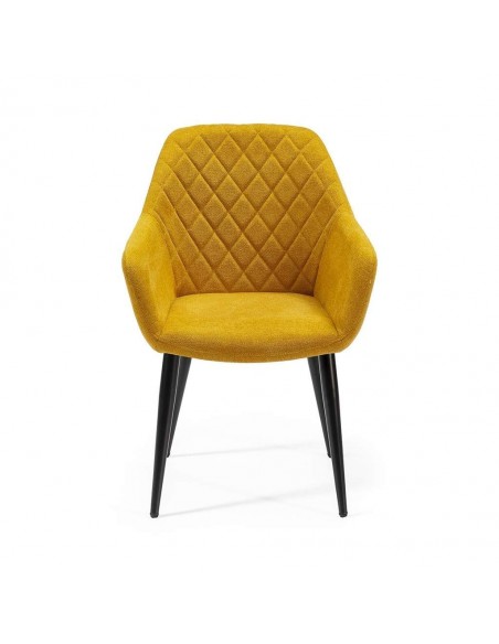 Silla de comedor con brazos NINA, tela y patas de metal negro.