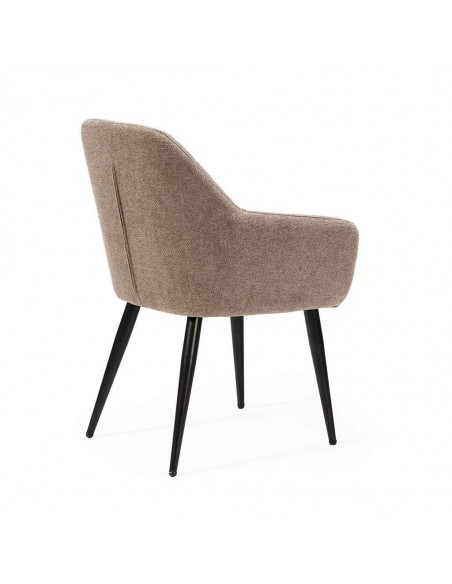 Cadeira de jantar NINA com braços, tecido e pernas de metal preto.