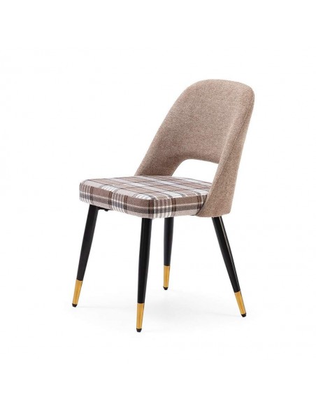 Silla de comedor en tejido de cuadros combinado MOCCIA, patas metálicas color negro/dorado.