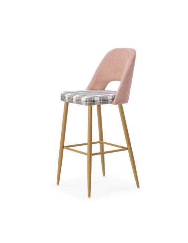 Banqueta em tecido de quadrados combinado MOCCIA, pernas em imitação de madeira e metal.