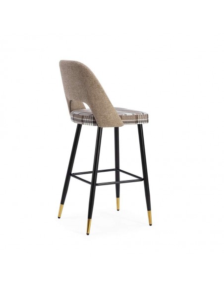 Taburete en tejido de cuadros combinado MOCCIA, patas metálicas en negro y dorado.