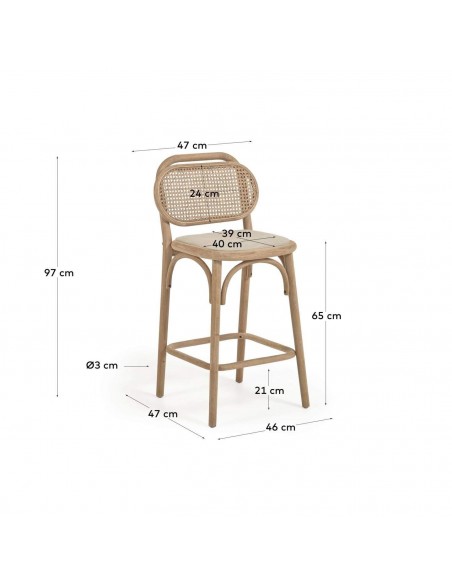 Taburete Doriane madera maciza roble y asiento de tela altura 65 cm.
