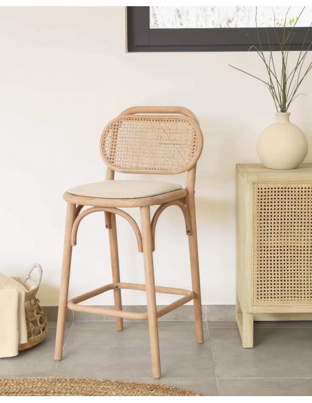 Taburete Doriane madera maciza roble y asiento de tela altura 65 cm.