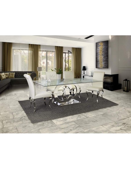 SCHULLER MESA DE COMEDOR CASANDRA 180 X 90, CRISTAL y PATAS DE ACERO INOX.