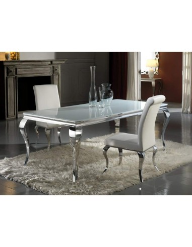 SCHULLER MESA COMEDOR BARROQUE 200 X 100, CRISTAL BLANCO PATAS DE ACERO INOX.