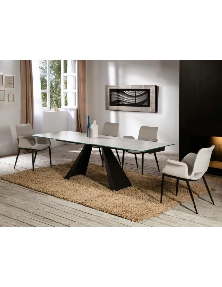 Mesa de jantar extensível ALAI 160(240) x 90, metal preto fosco e vidro branco com veios
