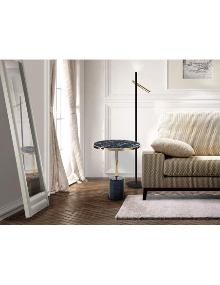 MESA DE APOIO SCHULLER DEKALA 46cm, Mármore e vidro PRETO com DOURADO