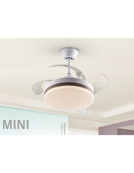 VENTILADOR MINI DE TETO SCHULLER VENTO 40/90 cm. Lâminas retráteis. Branco e Bronce.