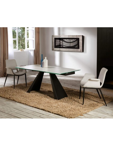 Mesa de jantar extensível ALAI 160(240) x 90, metal preto fosco e vidro branco com veios