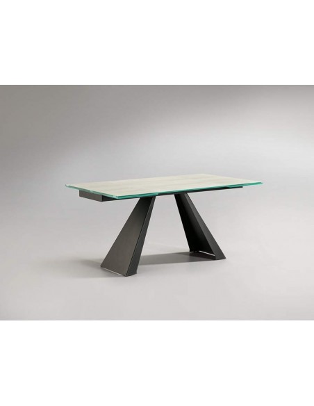 Mesa de jantar extensível ALAI 160(240) x 90, metal preto fosco e vidro branco com veios