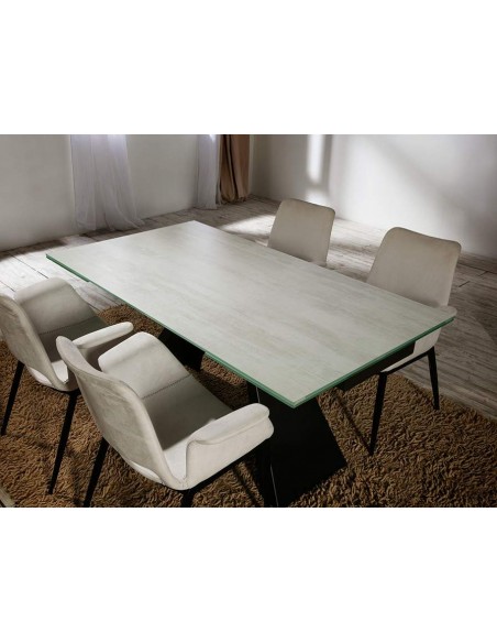 Mesa comedor extensible ALAI 160(240) x 90, metal negro mate y cristal blanco veteado