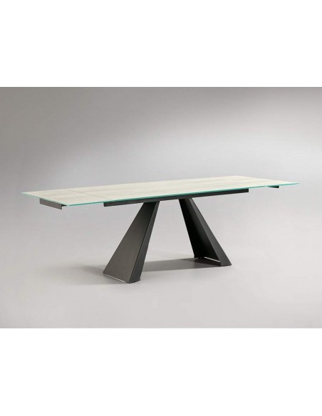 Mesa de jantar extensível ALAI 160(240) x 90, metal preto fosco e vidro branco com veios