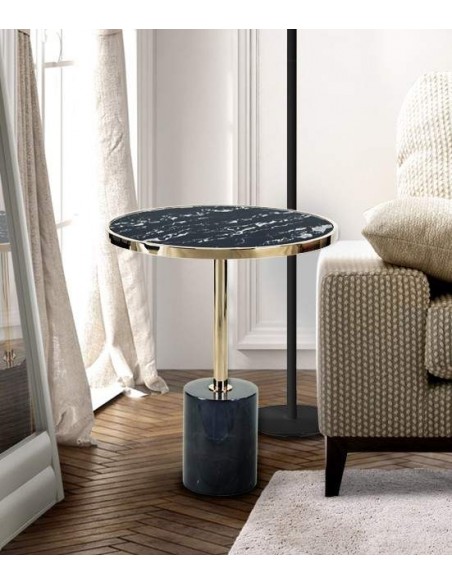 SCHULLER MESA AUXiLIAR DEKALA 46cm, Mármol y cristal NEGRO con ORO