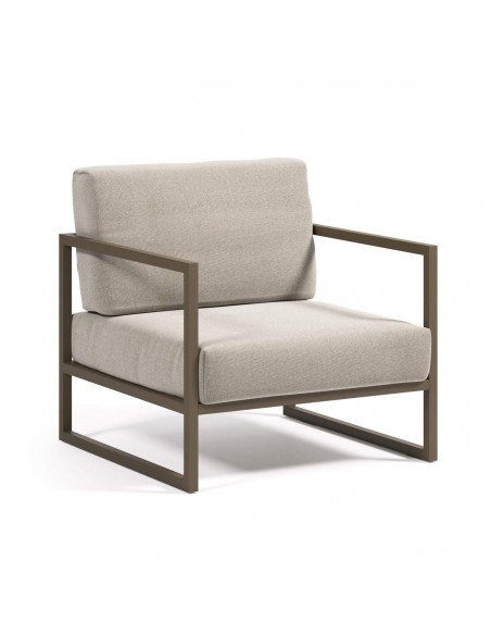 Poltrona exterior Comova, tecido cinza claro e alumínio verde.