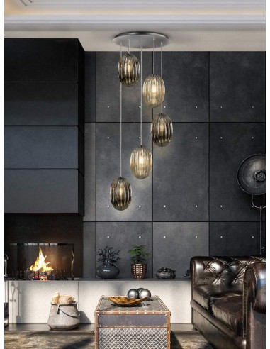 SCHULLER LAMPARA COLGANTE OVILA 5L SMOKE/COÑAC.