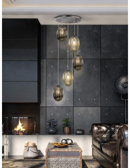 SCHULLER LAMPARA COLGANTE OVILA 5L SMOKE/COÑAC.