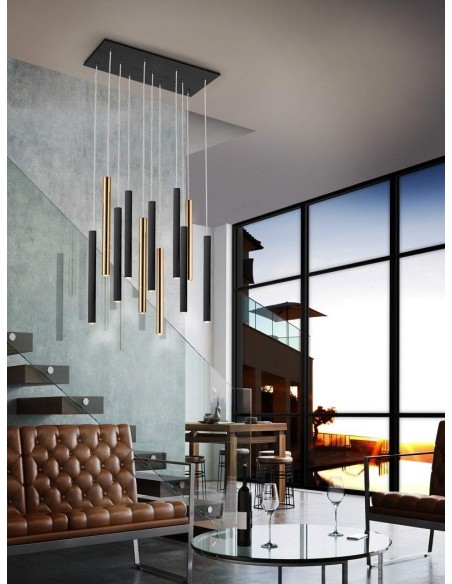 SCHULLER LÂMPADA DE TETO VARAS 11 LUZES COM RECEPTOR, DOURADO e PRETO.