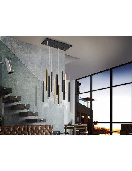 SCHULLER LAMPARA DE TECHO VARAS 11 LUCES CON RECEPTOR, ORO y NEGRO.