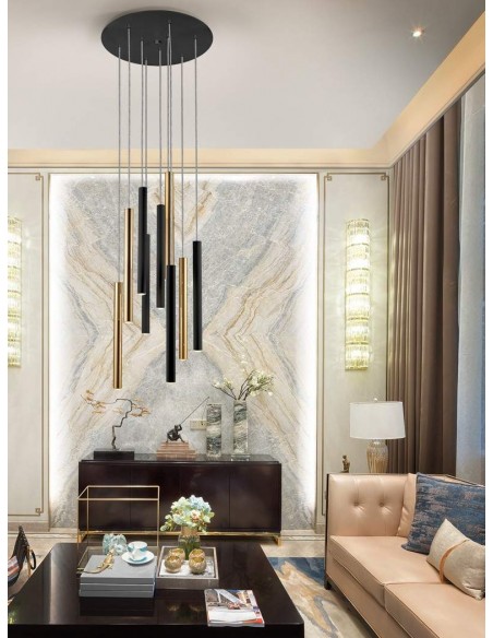SCHULLER LÂMPADA DE TETO VARAS 9 LUZES COM RECEPTOR, DOURADO E PRETO.