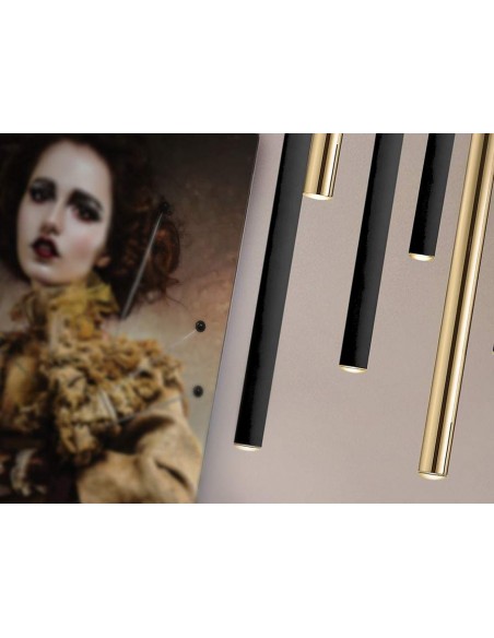 SCHULLER LÂMPADA DE TETO VARAS 14 LUZES COM RECEPTOR, DOURADO e PRETO.