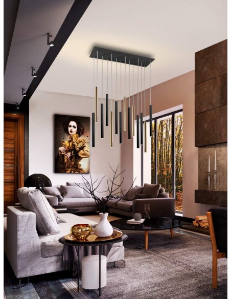 SCHULLER LAMPARA DE TECHO VARAS 14 LUCES CON RECEPTOR, ORO y NEGRO.