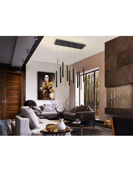 SCHULLER LÂMPADA DE TETO VARAS 14 LUZES COM RECEPTOR, DOURADO e PRETO.