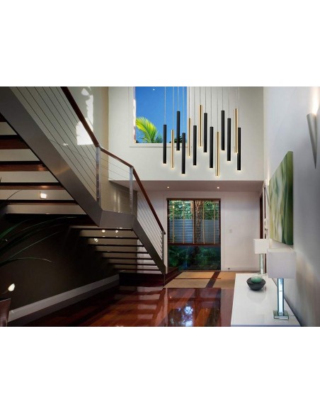 SCHULLER LÂMPADA DE TETO VARAS GRANDES 14 LUZES COM RECEPTOR, DOURADO e PRETO.