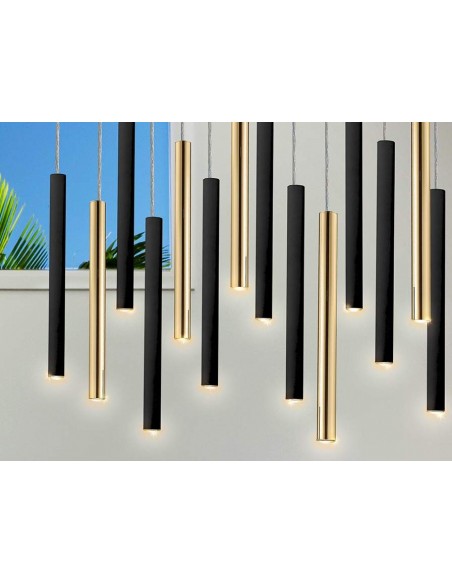 SCHULLER LAMPARA DE TECHO VARAS GRANDE 14 LUCES CON RECEPTOR, ORO y NEGRO.