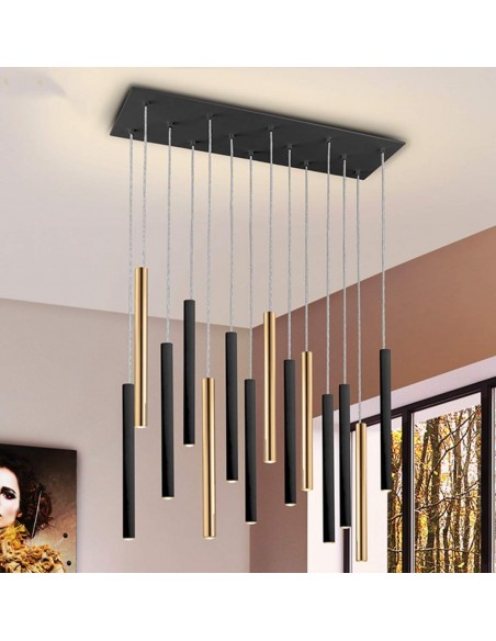 SCHULLER LAMPARA DE TECHO VARAS 14 LUCES CON RECEPTOR, ORO y NEGRO.