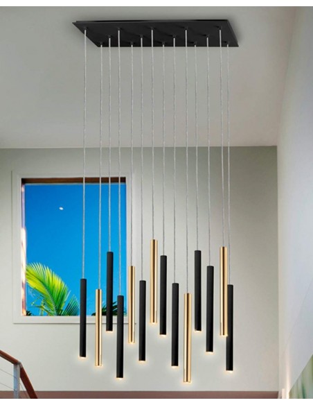 SCHULLER LÂMPADA DE TETO VARAS GRANDES 14 LUZES COM RECEPTOR, DOURADO e PRETO.