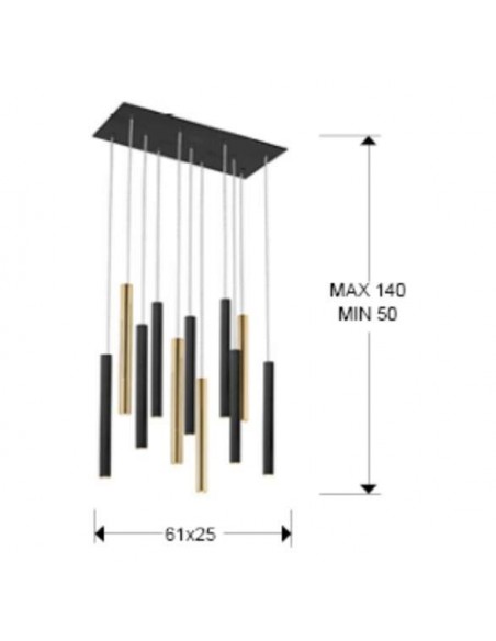 SCHULLER LAMPARA DE TECHO VARAS 11 LUCES CON RECEPTOR, ORO y NEGRO.