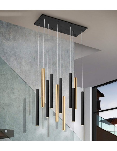 SCHULLER LÂMPADA DE TETO VARAS 11 LUZES COM RECEPTOR, DOURADO e PRETO.