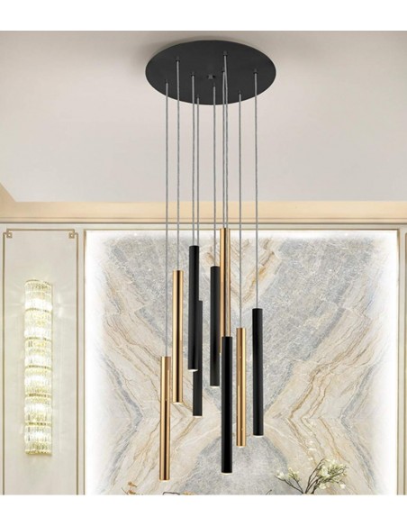 SCHULLER LAMPARA DE TECHO VARAS 9 LUCES CON RECEPTOR, ORO y NEGRO.