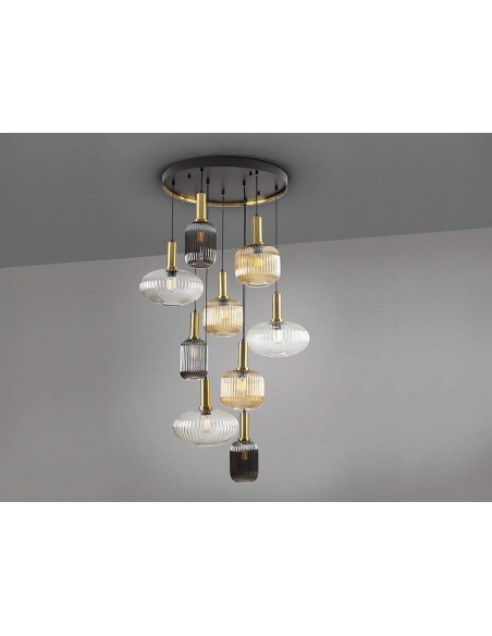 LÂMPADA DE TETO SCHULLER NORM 9 LUZES, PRETO e LATÃO.