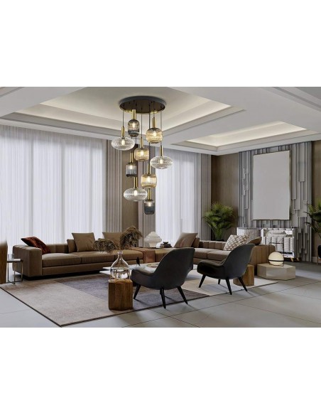 SCHULLER LÂMPADA DE TETO NORMA 9 LUZES COM RECEPTOR, PRETO e LATÃO.