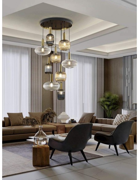 SCHULLER LÂMPADA DE TETO NORMA 9 LUZES COM RECEPTOR, PRETO e LATÃO.