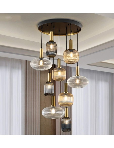 SCHULLER LAMPARA DE TECHO NORMA 9 LUCES CON RECEPTOR, NEGRO y LATÓN.