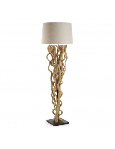 Lámpara de pie Nuba de madera de viña con pantalla blanca.